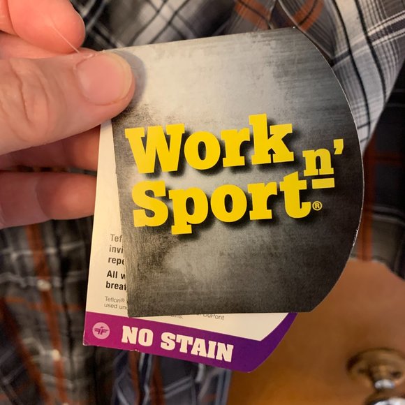 NWT Work 'N Sport XL Cotton Blend Grey and Orange Plaid Short Sleeve Shirt - Picture 2 of 6